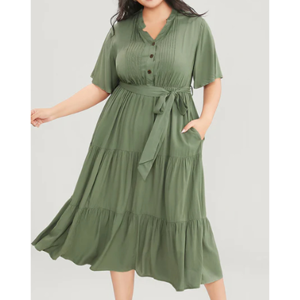 BLOOMCHIC SZ 22-24 3x green sage pleated front belted tiered midi dress NWT